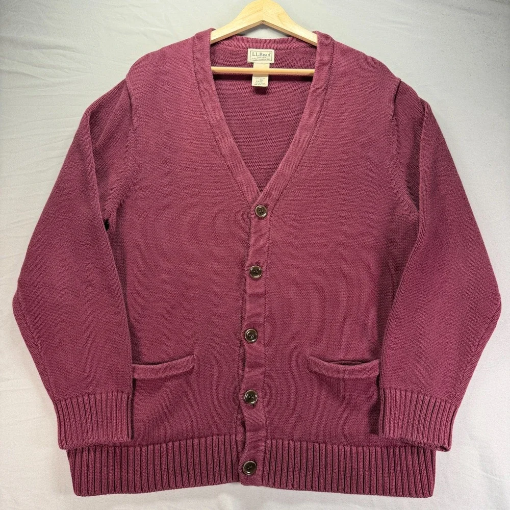 LL Bean Cardigan Sweater Mens Large Red Knit Button Up Grandpa Cabin Core Pocket